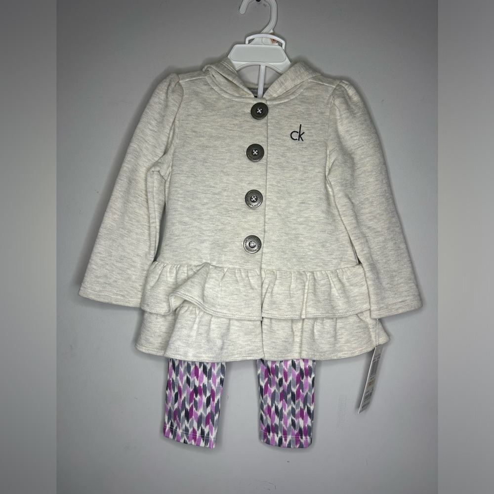 Calvin Klein Girls Cream Ruffle Jacket and Patterned Leggings Set Size 2T NWT